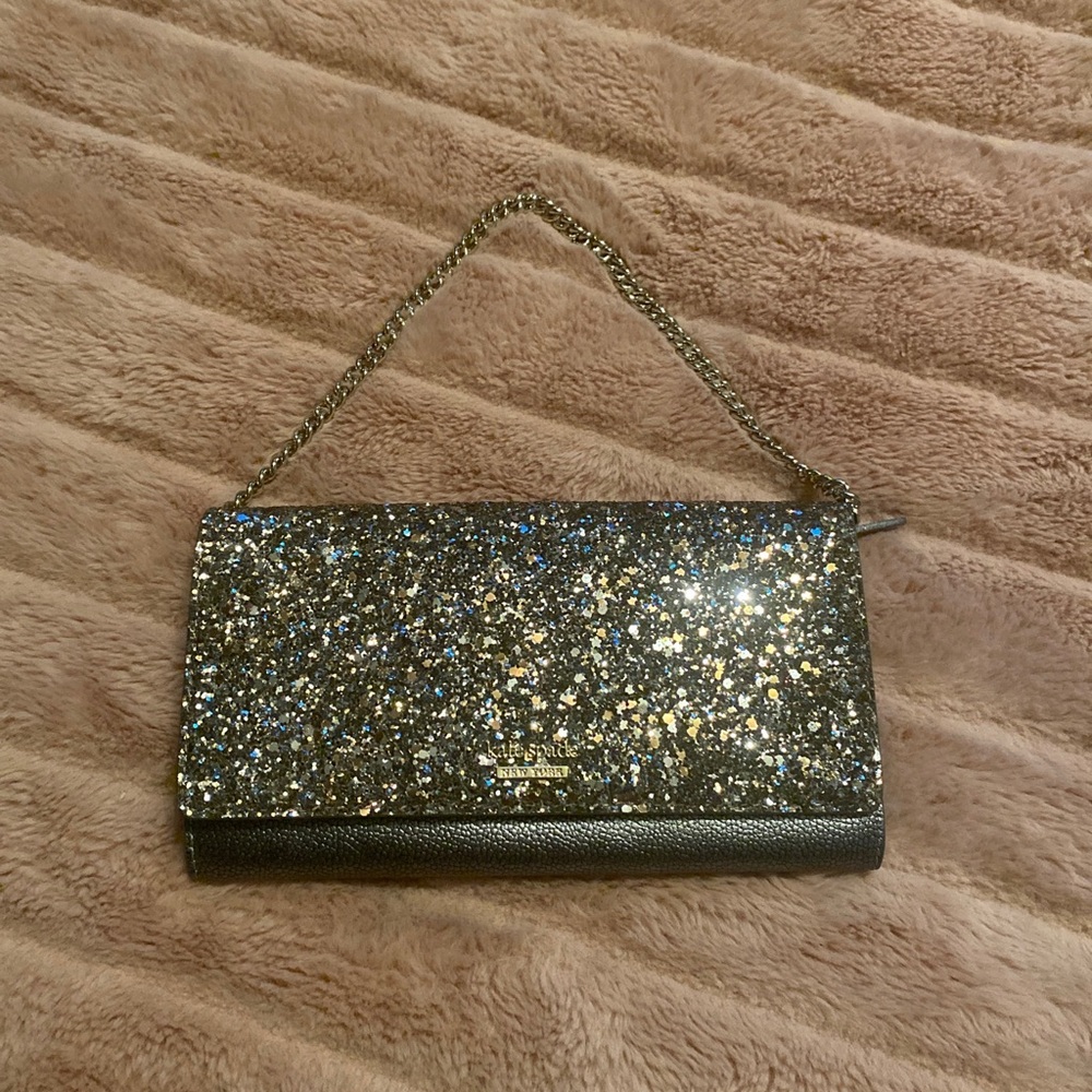 Kate Spade LAUREL WAY GLITER MILOU CLUTCH Metallic Silver Gunmetal Purse NEW